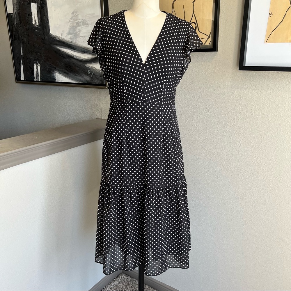 NANETTE LEPORE black and cream polka dot chiffon midi dress
